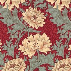 a red and yellow floral pattern with green leaves on the bottom right hand corner is an image of large flowers