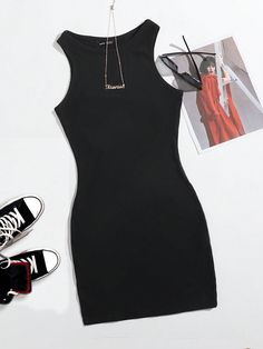 Casual Simple Round Neck Sleeveless Midi Bodycon Summer Dress For Women Black Casual  Sleeveless Knitted Fabric Plain Tank Slight Stretch  Women Clothing, size features are:Bust: ,Length: ,Sleeve Length: Moda Shein, Cute Dress Outfits, Black Bodycon Dress, Bodycon Midi, Midi Dress Sleeveless, Black Casual, Summer Dresses For Women, All Fashion, Cute Dresses