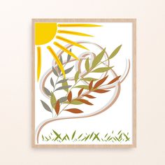 an art print with green and yellow leaves