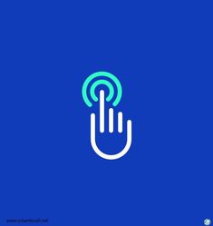 a hand touching the button on a blue background