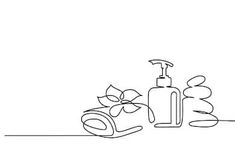 a black and white line drawing of soap, hand sanitizer and towel on a table