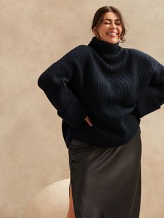 Petite Oversized Merino-Cashmere Sweater | Banana Republic Mesh Sweater, Grey Turtleneck, Take Note, Poncho Style, High Waist Fashion, Banana Republic Sweater, Knit Sleeve, Banana Republic Women, Hem Style