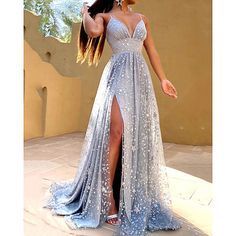 Prom Dresses, Prom, Prom Dress V Neck, Prom Dress, Sequin, Split, A Line, Train, Satin