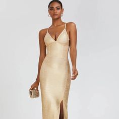 Discover the ultimate in elegance with the Trend4us Glamorous Gold Backless Maxi Dress. This stunning dress features a sleek backless design and luxurious gold color, perfect for any special occasion. Made with quality craftsmanship, this dress is sure to make a lasting impression with its timeless style and impeccable fit. Add this dress to your wardrobe for a touch of glamour and sophistication. Size chart: Specification: Pattern Type: Solid Style: Sexy & Club Feature: Anti-wrinkle, Breathable, Sustainable Waistline: Natural Neckline: V-Neck Dresses Length: Maxi Standard Silhouette: Bodycon Sleeve: Sleeveless Decoration: None Weaving Method: Woven Material: Polyester Fabric Type: Bandage Place of Origin: China Printing Methods: None Season: Summer Model Number: SB2616 Fashion Element: Sl Gold Satin Cocktail Dress, Gold Satin Evening Dress For Gala, Gold Maxi Dress For Prom Season Party, Gold Satin Evening Dress, Gold Maxi Dress For Party During Prom Season, Fitted Gold Maxi Dress For Cocktail, Chic Gold Dress For Gala, Backless Maxi Dress For Formal Evening, Champagne Satin Evening Dress For Party