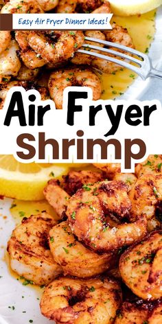 air fryer shrimp on a plate with lemon wedges