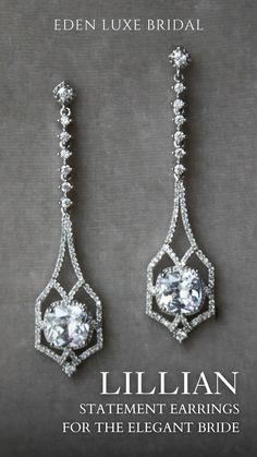 the front cover of an elegant bridal brochure featuring two dangling earrings with crystal stones