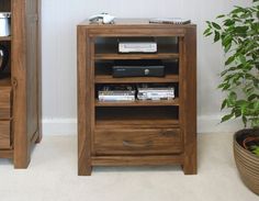 a small wooden shelf with some books and remotes on it next to a potted plant