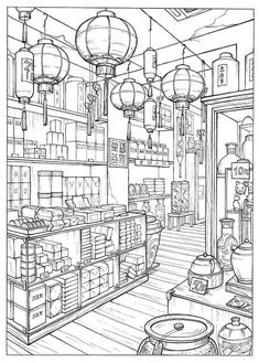 the interior of a store with lanterns hanging from the ceiling and shelves full of goods