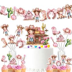 a cake with cupcakes and decorations for a cowgirl birthday party on it