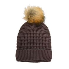 Xetra Waffle Slouch Cuff Hat with Faux Fur Pom, T8KWAF-FP