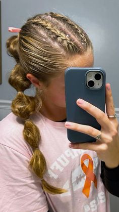 Follow me for more hair inspo:) @keckennedy 2 Braids Into Ponytail Sports, Hair Styles Game Day, Cheerleaders Hairstyles, Girls Sports Hairstyles, Hair Styles For Running, Race Day Hairstyles, Cute Sports Hairstyles, Cute Hairstyles For Sports