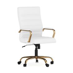 a white office chair with gold arms and wheels