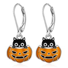 PRICES MAY VARY. [CAT EARRINGS FOR WOMEN]These black cat earrings for women feature a cute feline design, making them the perfect accessory for cat lovers. The unique combination of cats and pumpkins makes these earrings ideal for Halloween celebrations. [PREMIUM QUALITY MATERIAL]Crafted from high-quality materials, these Halloween earrings are not only stylish but also safe for sensitive ears. The sterling silver leverback ensures a secure and comfortable fit. [SIZE FOR EVERYDAY WEAR]Measuring Cats And Pumpkins, Bumble Bee Earrings, Honey Bee Earrings, Bat Cat, Black Cat Earrings, Christmas Tree Snowman, Halloween Pumpkin Designs, Tree Snowman, Sterling Silver Cat