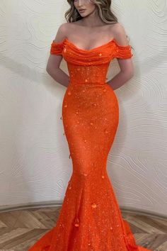 Orange Mermaid Off The Shoulder Prom Dress With Sequins — Bridelily Orange Prom Dress, Orange Mermaid, Colour Names List, Orange Prom Dresses, 2023 Prom, Sparkly Party, Mermaid Glitter, Dress With Sequins, Party Women