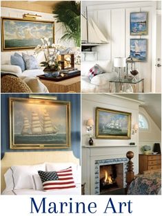 there are pictures of different rooms with paintings on the walls and in the fireplaces