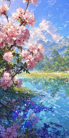 a painting of pink flowers on the side of a body of water with mountains in the background