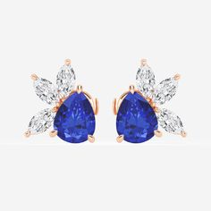 9.0X7.0 mm Pear Shaped Created Sapphire and 1 3/4 ctw Marquise Lab Grown Diamond Fan Fashion Earrings 14K Rose Gold Fan Fashion, Jewelry Post, Pear Diamond, September Birthstone, Sapphire Jewelry, Blue Stone, Pear Shaped, Lab Grown, Lab Grown Diamonds