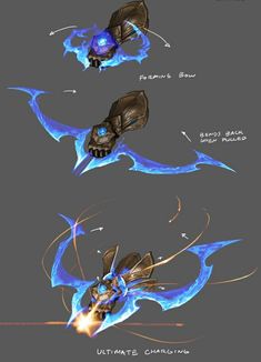 the concept art for an upcoming video game is shown in blue and black colors, including flames