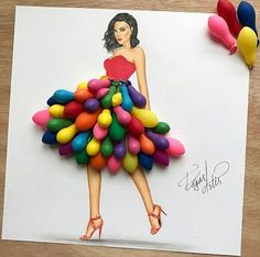 a drawing of a woman in a colorful dress made out of balloons and plastic eggs