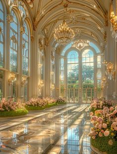 the inside of a large building with chandeliers and flowers in vases on the floor