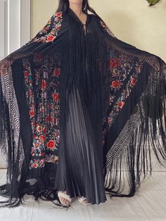 Antique Silk Embroidered Shawl - OSFA | G O S S A M E R Witchy Duster, Dark Vintage Fashion, Ugly Outfits, Embroidered Shawl, Padded Hangers, Vintage Shawls, Fringe Shawl, Witchy Fashion, Bohemian Clothes