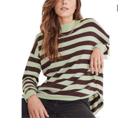 Madewell Ashbury Kelsey Stripe Mock Neck Sweater In Sun Faded Mint New With Tags Size: Xs All Offers Are Welcome Mockneck Sweater, Cable Knit Turtleneck Sweater, Ribbed Turtleneck Sweater, Madewell Sweater, Striped Turtleneck, Madewell Sweaters, Brown Sweater, Mock Neck Sweater, Knitted Pullover Sweaters