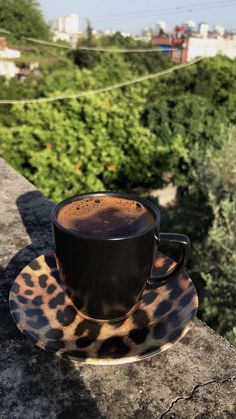 a cup of coffee sitting on top of a saucer next to a bushy area