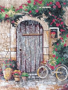 a painting of a bicycle parked in front of a brick wall with flowers and potted plants