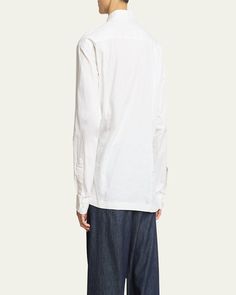 Dries Van Noten "Coulter" poplin shirt featuring a safetypin crossed waist detail    Point collar    Button placket    Long sleeves    Barrel cuffs    Yoked back    Slim fit    Side slits hem    Cotton    Made in Poland Dries Van Noten, Poplin Shirt, Safety Pin, Poland, Barrel, Tops Designs, Long Sleeves, Slim Fit, Off White