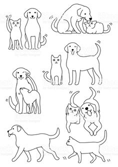 dogs and cats are depicted in this black and white outline drawing set, which includes four different types of dogs