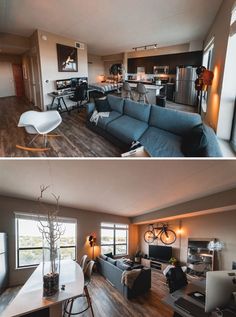 two pictures of the same living room and kitchen in different rooms, one is empty