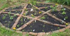 a circle made out of bricks in the middle of some grass and dirt with yellow flowers