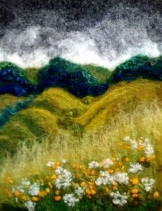 a painting of flowers and grass on a hill