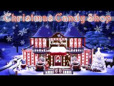 a christmas candy shop with snow and trees