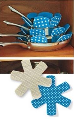 blue and white polka dot utensils in a wooden bowl on a shelf next to an image of spoons