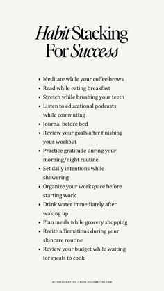 Want to create lasting habits without feeling overwhelmed? Learn how to **habit stack for success** by linking new habits to existing ones! This simple strategy makes it easy to build routines that stick. Start by identifying current habits, like drinking water in the morning, and use them as triggers for new actions—like stretching or working out. Begin small, stack your habits, and watch your goals become reality one step at a time.  💡 Save this pin for practical tips on creating a routine that aligns with your goals and sets you up for success!  habit stacking tips, build better habits, daily routine ideas, personal growth hacks, success habits, easy ways to build routines, productivity tips, fitness and health habits, how to create lasting habits, goal-setting strategies. Daily Routine Ideas, Creating A Routine, Habit Stacking, Better Habits, Routine Ideas, Wellness Club, Water In The Morning, New Habits, Fitness And Health