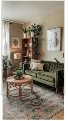 Cozy living room with a green velvet sofa, wooden bookshelf, potted plants, and a wicker coffee table on a patterned rug. Green Couch In Office, Green Couch Decor Ideas, Living Room With Green Velvet Couch, Living Room Design Green Couch, Forest Green Couch Living Room, Forest Green Sofa Living Room Ideas, Green Living Room Aesthetic, Green Boho Living Room, Boho Chic Living Room Ideas