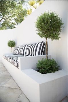 a white bench sitting next to a tree on top of a cement slab covered ground