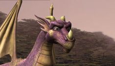 a purple dragon with yellow horns standing in front of a hill and trees on a cloudy day