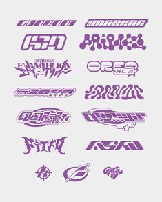 some type of stickers that are purple and white with the words, logos, and letters