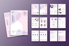 a set of brochures and booklets on a purple background