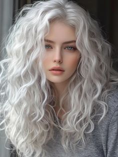 Platinum Natural Curly Hair, White Hairstyles For Women, Silver Haired Girl, Curly White Hair, White Curly Hair, Curly Silver Hair, White Haired Girl, Silver Hair Color Ideas, Girl With White Hair