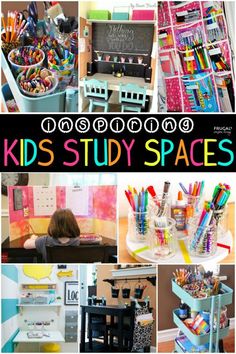 kids study spaces are organized and organized with colorful pens, pencils, and markers