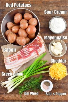 the ingredients to make this dish include potatoes, bacon, green onions, mayonnaise and cheese