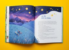 an open children's book with illustrations on the page and in it, stars are falling from the sky