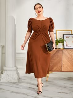 Coffee Brown Elegant  Half Sleeve Polyester Plain Fitted Embellished Medium Stretch Summer Plus Size Dresses Dress For Big Size Woman, Big Size Dress Casual, Elegant Plus Size Outfits, Violet Plain, Dresses For Women Classy, Summer Plus Size Dresses, Plus Size Elegant Dresses