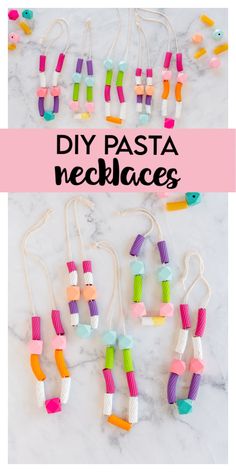 the diy pasta necklaces are made out of plastic tubes and colored paper strips