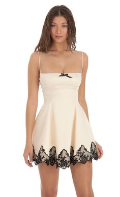 Satin Lace Fit and Flare Dress in Ivory | LUCY IN THE SKY A Line Hoco Dresses, Hoco Inspo, Closet Space, Fancy Dresses, Fit And Flare Dress, Satin Fabric, Hand Washing