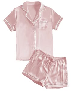 PRICES MAY VARY. Fabric: This satin 2piece pajamas set is made from high-quality satin, it's smooth, breathable and lightweight very comfortable for year round wear. Features: The silk sleepwear designed classic notch neck button front shirt top with chest pocket. And the short has comfy elastic waistband and adjustable drawstring and the loose fit and cozy style with beautiful detail that you can style from day to night. Unique design: Casual pajamas set is necessary for your around the house o Pink Silk Pajamas, Pijama Satin, Pink Pjs, Silk Pjs, Pink Pajama, Cute Pjs, My Christmas List, Cute Pajama Sets, Pink Pajamas