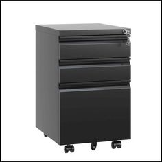 a black filing cabinet on wheels with three drawers